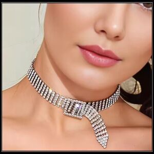Clearance! NEW SPARKLING SILVER BELT BUCKLE SIMULATED DIAMOND CHOKER NECKLACE